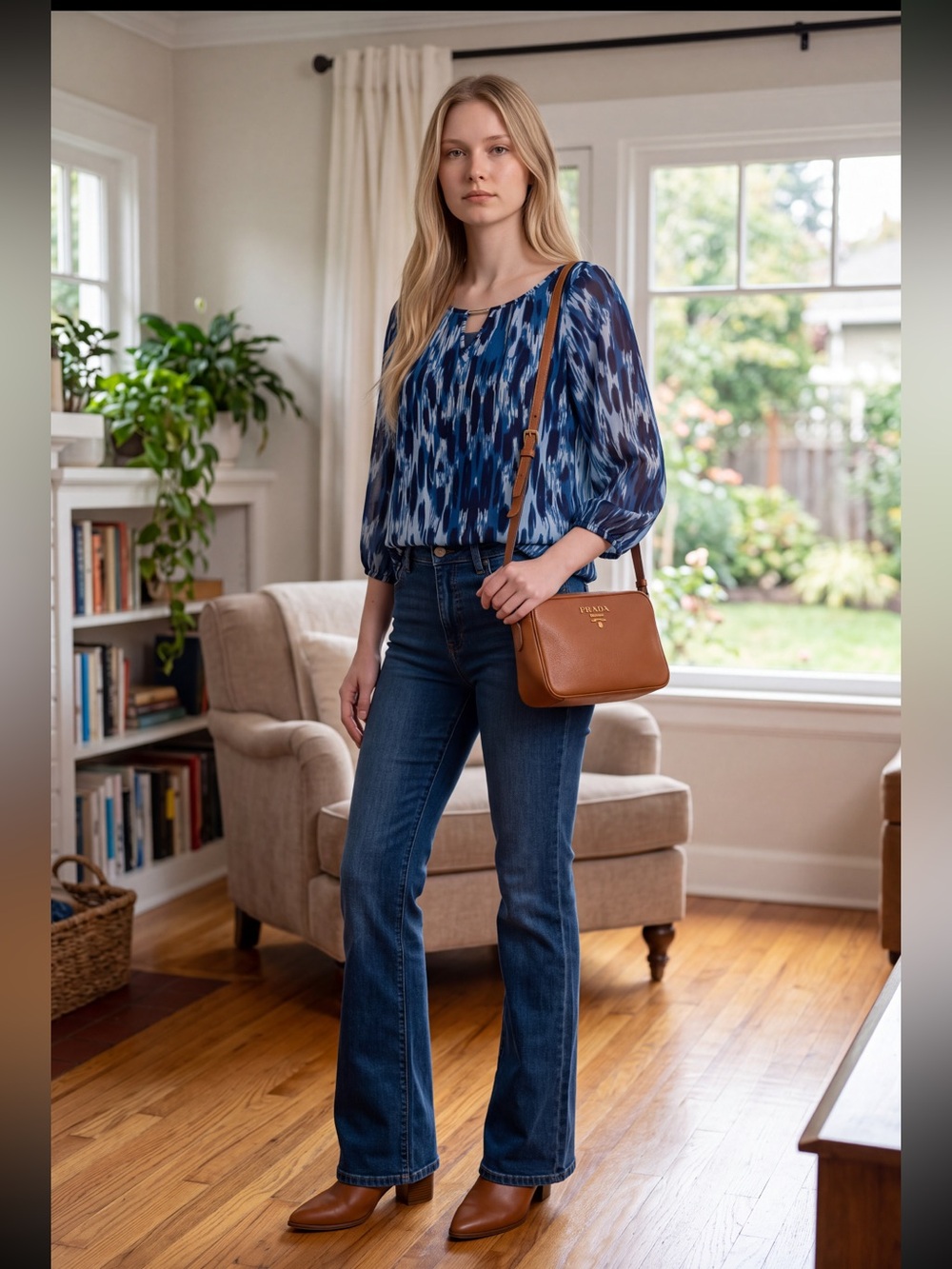 INC International Concepts Blue Patterned Sheer Sleeve Blouse With Tank